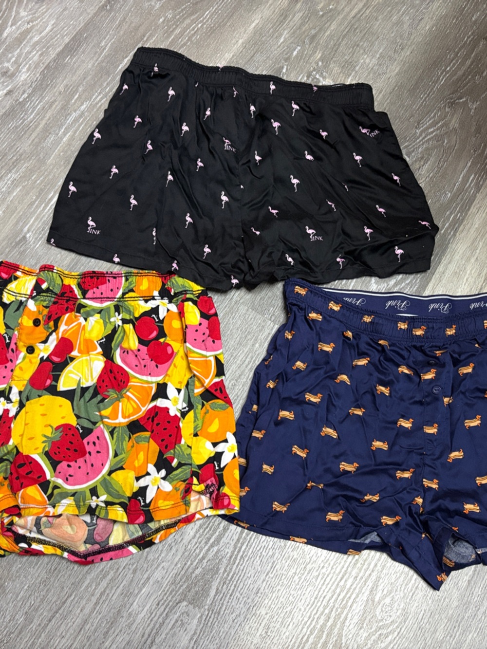 3 pairs of woman’s Pink VS Summer Boxies Fruit/Hotdog and pink Flamingos